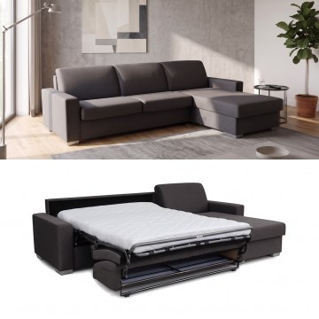Canapé d'angle convertible en L LEKA droit marron avec rangement, idéal pour un couchage quotidien