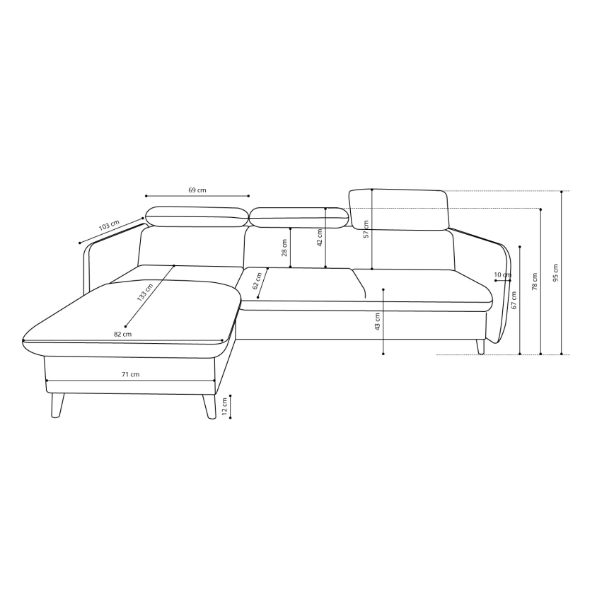Canapé d'angle convertible en L NISA avec coffre de rangement intégré — gris, version droite