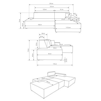 Canapé d'angle convertible en L TERAMO, version droite, beige, avec coffre de rangement
