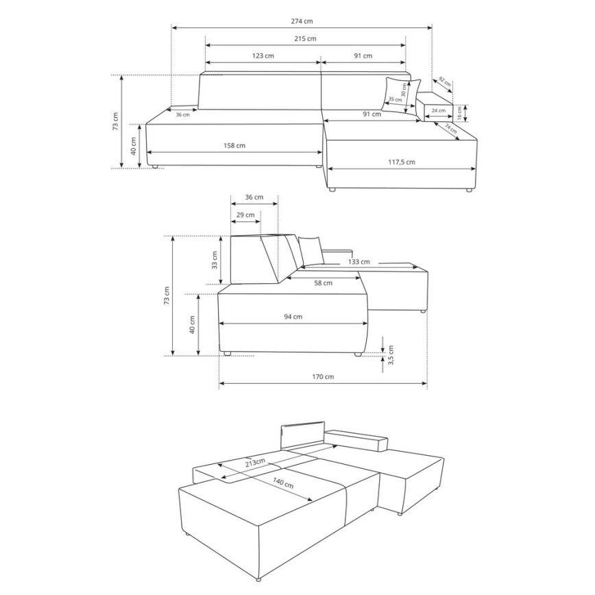 Canapé d'angle convertible en L TERAMO, version droite, beige, avec coffre de rangement