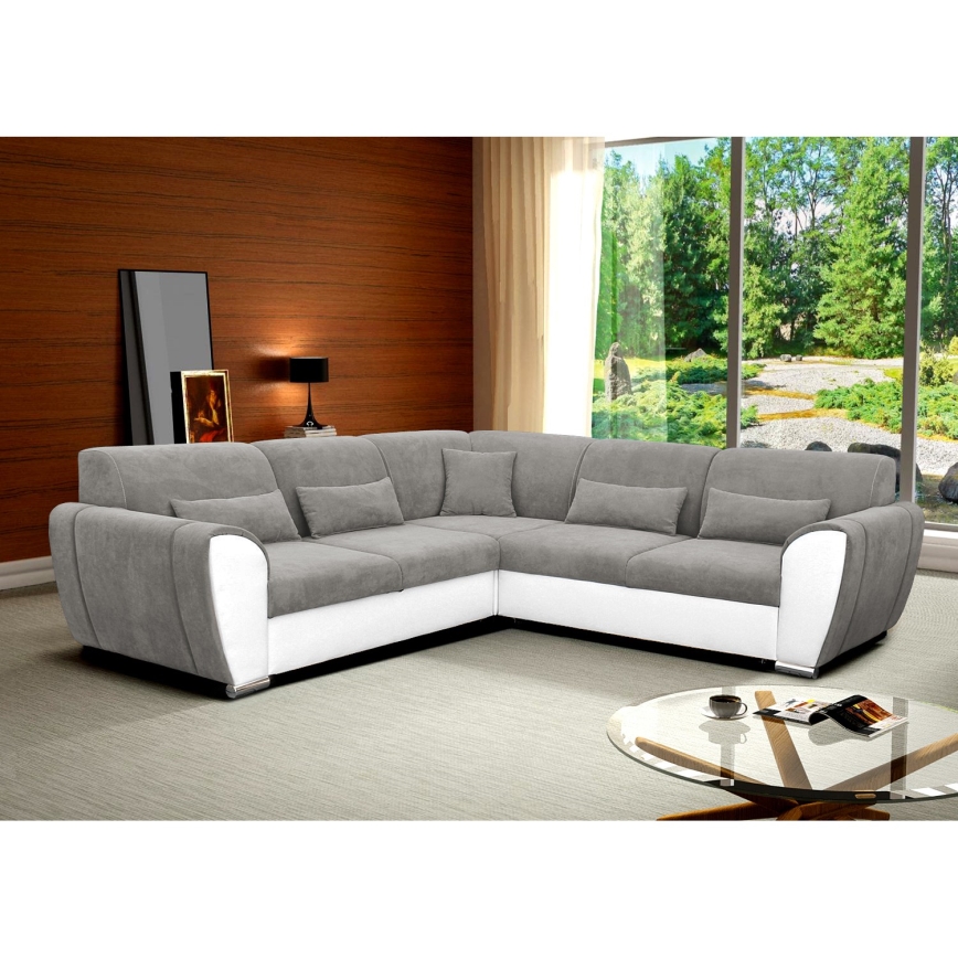 Canapé d'angle convertible en L VISEU, angle droit, gris/blanc, avec coffre de rangement