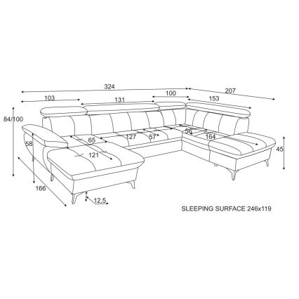 Canapé d'angle convertible en U CATANIA avec rangement, version droite, couleur marron