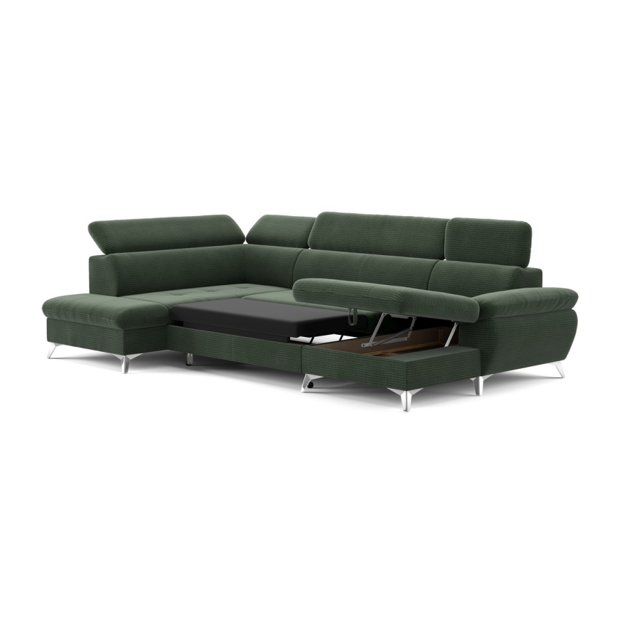 Canapé d'angle convertible en U CATANIA avec rangement, version gauche, vert