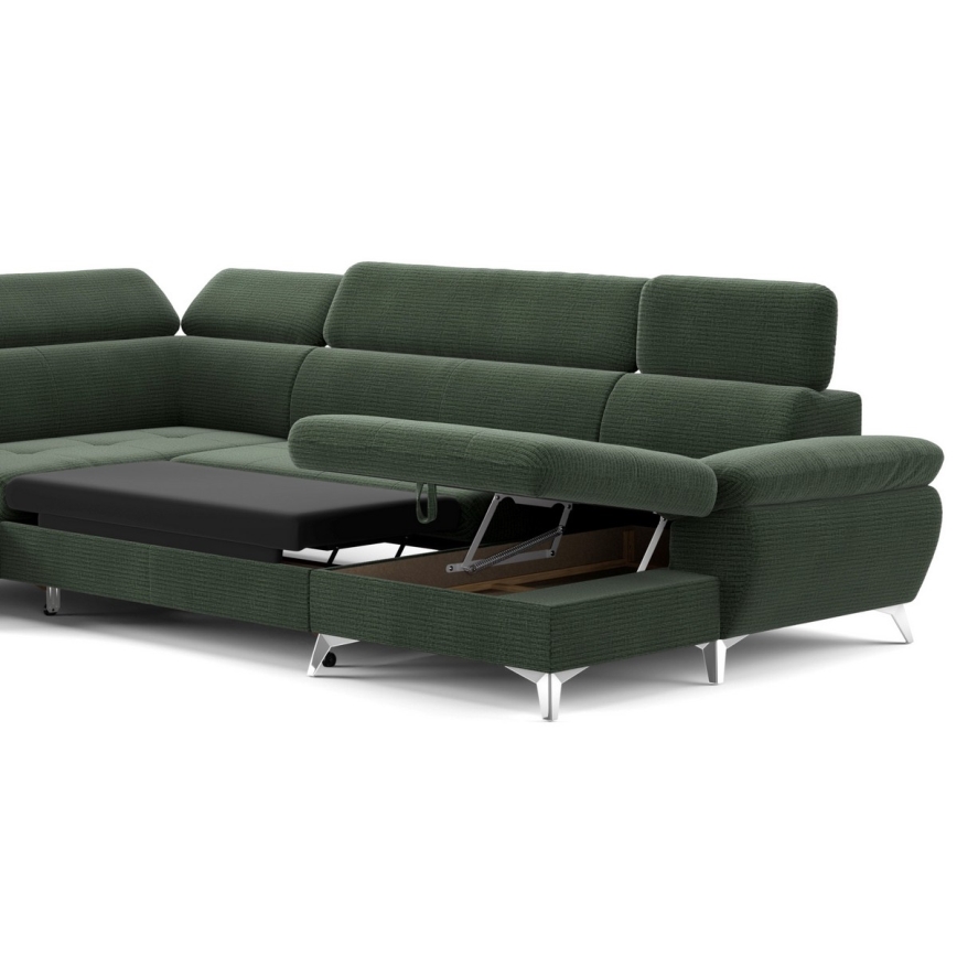 Canapé d'angle convertible en U CATANIA avec rangement, version gauche, vert