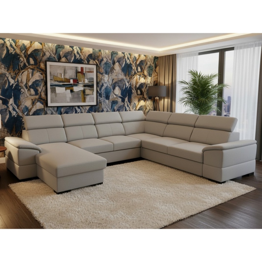 Canapé d'angle convertible en U réversible avec coffre de rangement GRANADA gris clair