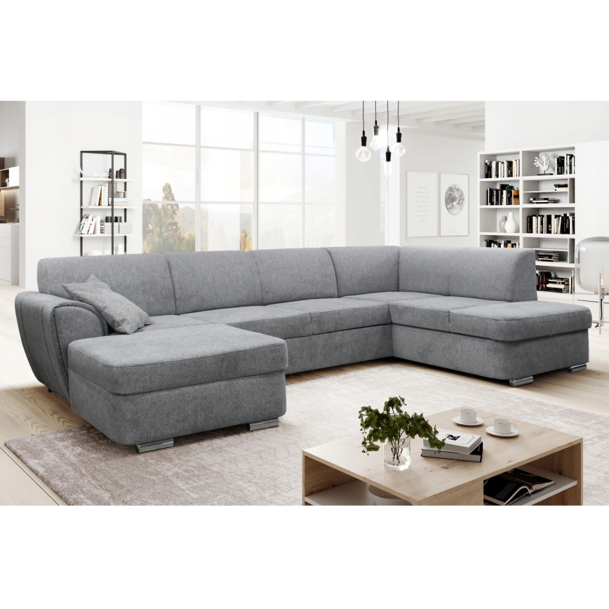 Canapé d'angle convertible en U SERPA, version droite, gris, avec coffre de rangement