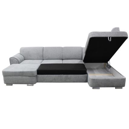 Canapé d'angle convertible en U SERPA, version droite, gris, avec coffre de rangement