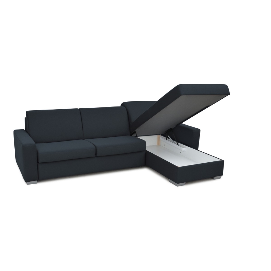 Canapé d'angle convertible en L LEKA droit bleu avec rangement, idéal pour un couchage quotidien