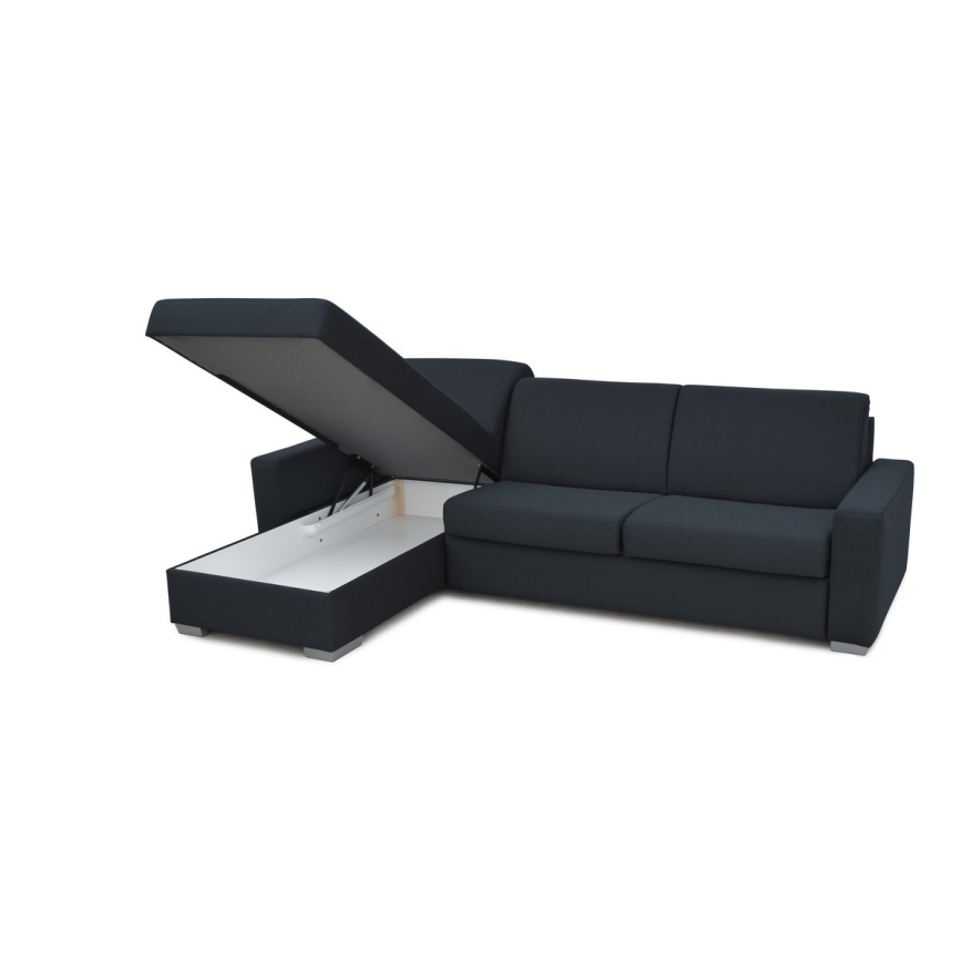 Canapé d'angle convertible en L LEKA gauche bleu avec rangement, idéal pour un couchage quotidien