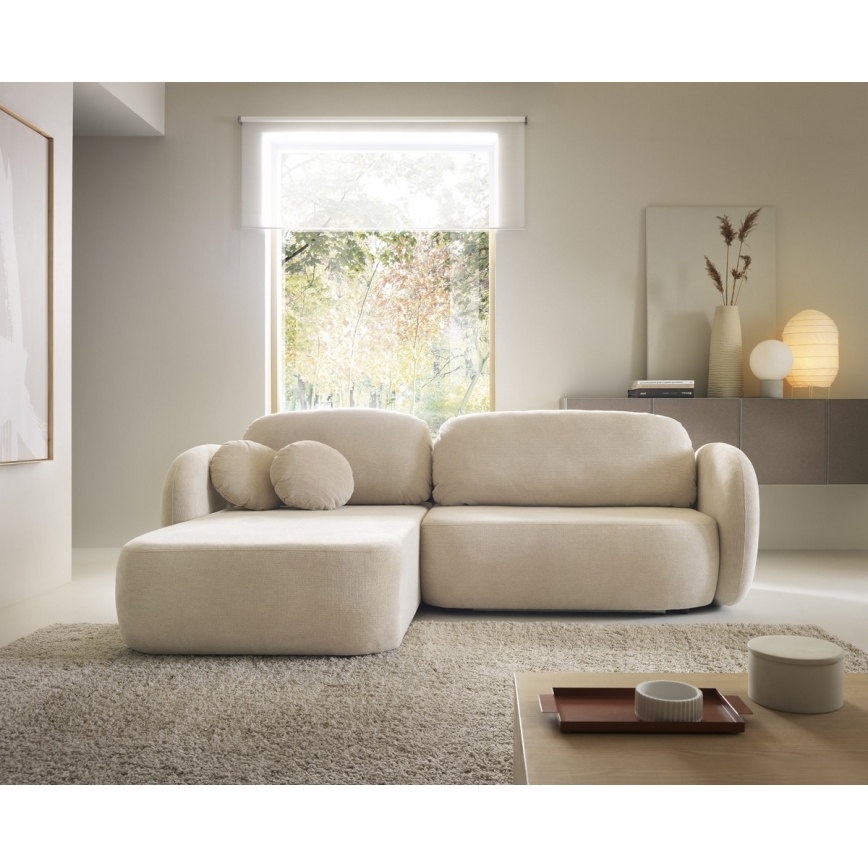 Canapé d'angle convertible OLBIA en L avec coffre de rangement, à gauche, beige