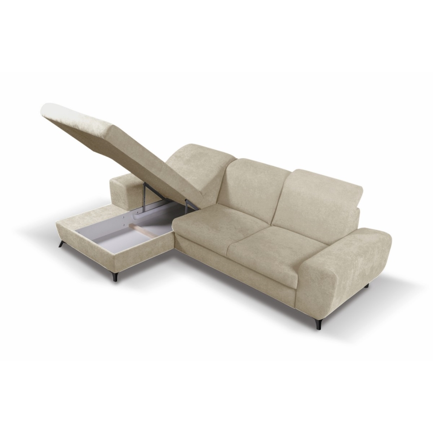 Canapé d'angle convertible rembourré ALTA en L, version gauche, beige, avec coffre de rangement intégré