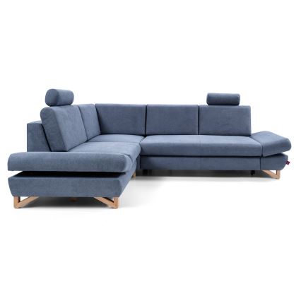 Canapé d'angle convertible rembourré AVESTA en configuration L (côté gauche), bleu, avec coffre de rangement