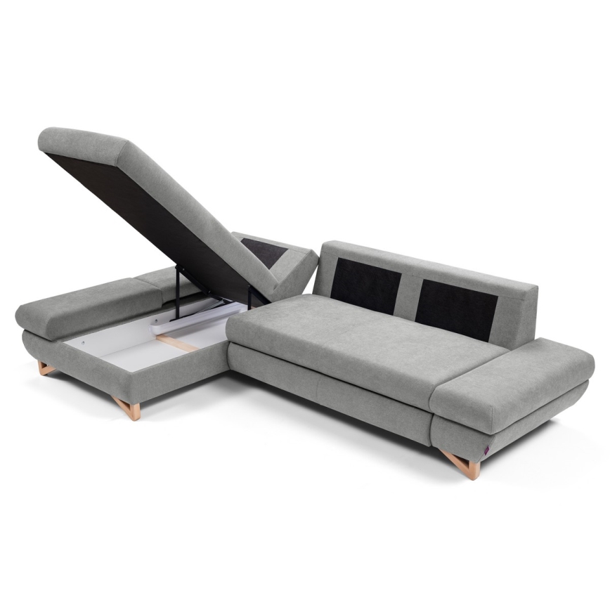 Canapé d'angle convertible rembourré AVESTA avec coffre de rangement, en L, version gauche, gris
