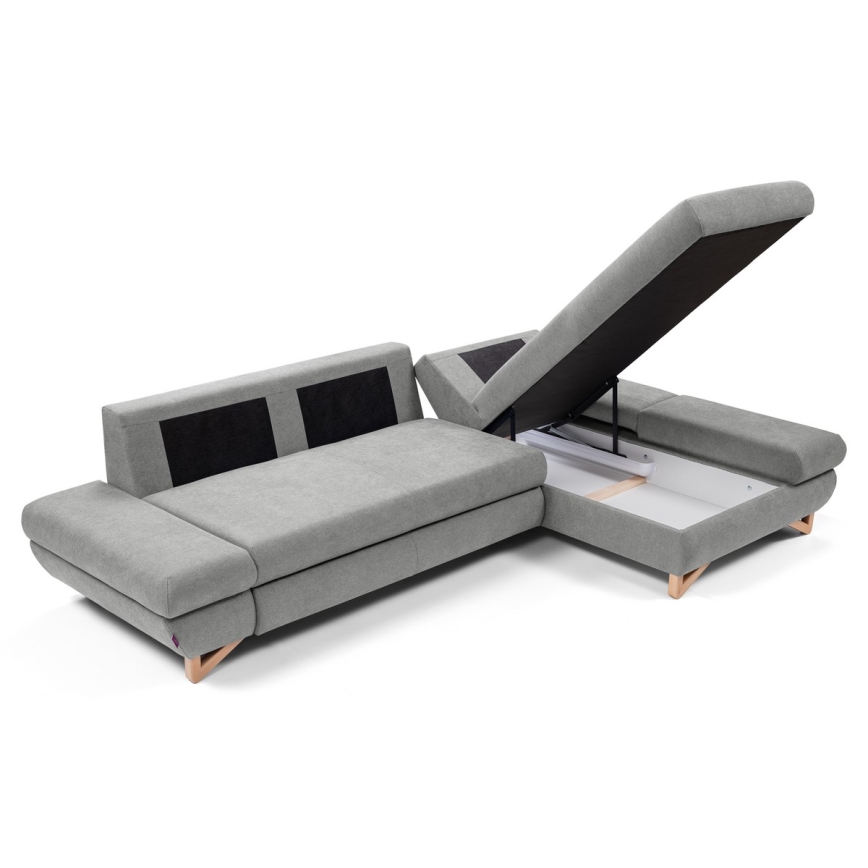 Canapé d'angle convertible rembourré AVESTA en L avec coffre de rangement, angle droit, gris