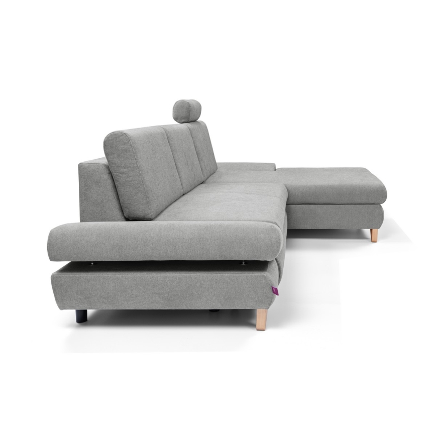 Canapé d'angle convertible rembourré AVESTA en L avec coffre de rangement, angle droit, gris