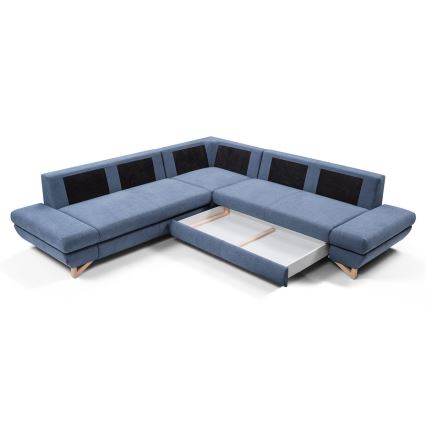 Canapé d'angle rembourré convertible en L AVESTA, bleu, avec coffre de rangement