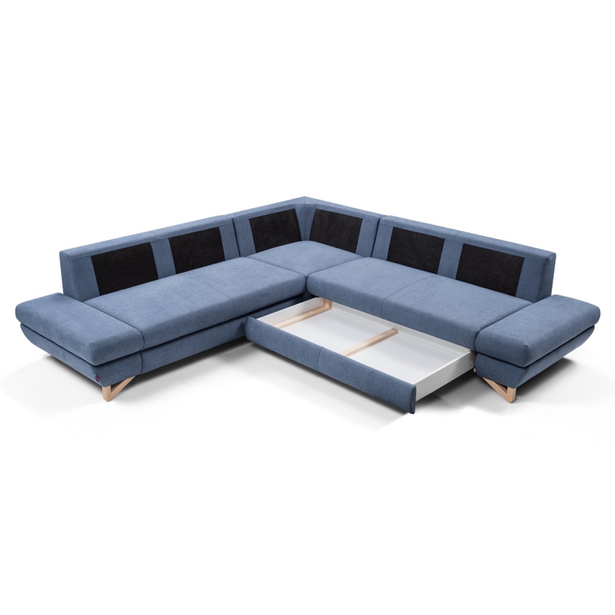Canapé d'angle rembourré convertible en L AVESTA, bleu, avec coffre de rangement