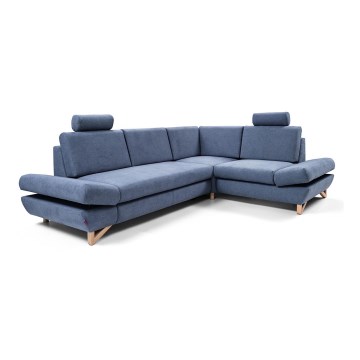 Canapé d'angle convertible rembourré AVESTA en L avec coffre de rangement, version droite, bleu