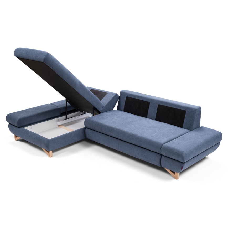 Canapé d'angle rembourré convertible AVESTA en L, version gauche, bleu, avec coffre de rangement intégré
