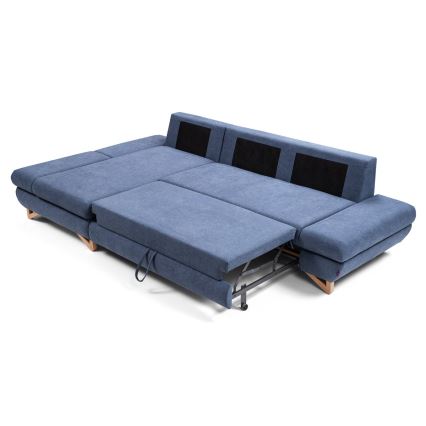 Canapé d'angle rembourré convertible AVESTA en L, version gauche, bleu, avec coffre de rangement intégré