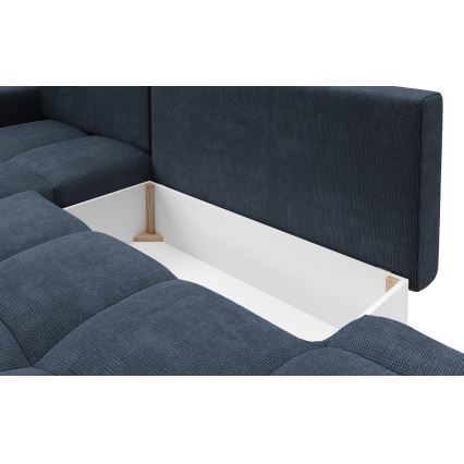Canapé d'angle convertible en L ALMADA, rembourré et confortable, version gauche, avec coffre de rangement, bleu