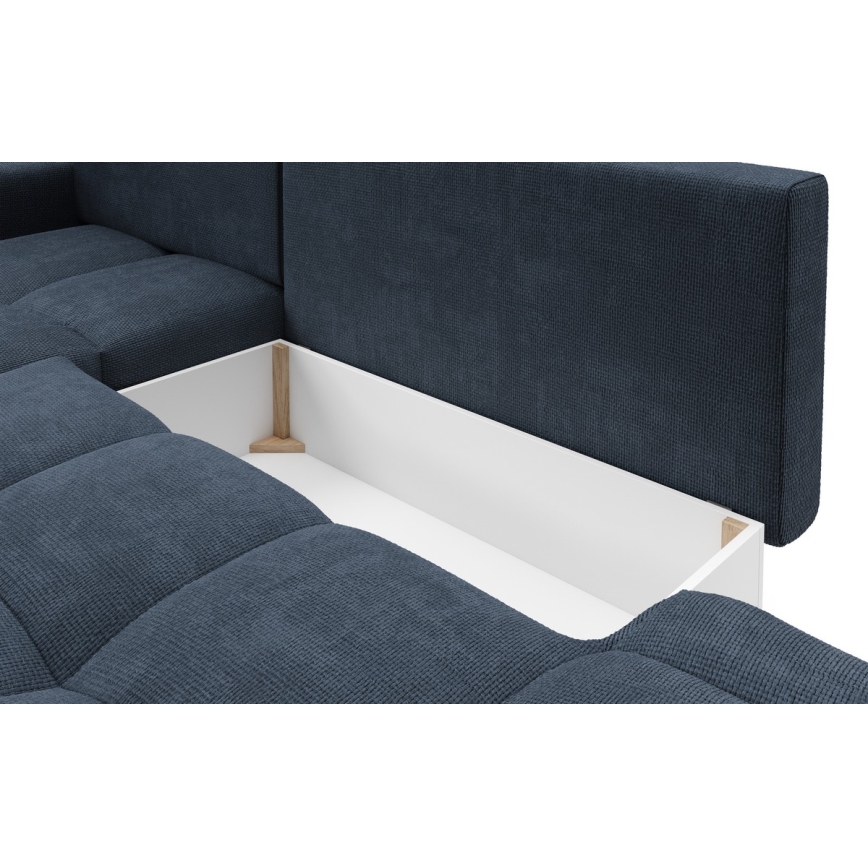 Canapé d'angle convertible en L ALMADA, rembourré et confortable, version gauche, avec coffre de rangement, bleu