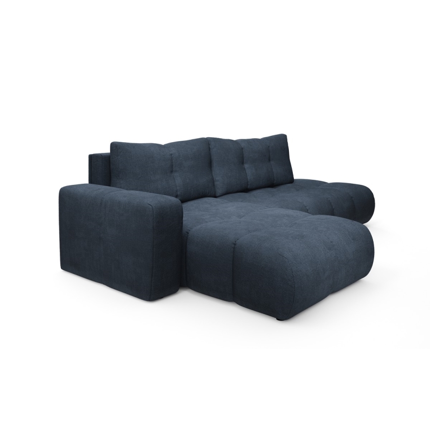 Canapé d'angle convertible en L ALMADA, rembourré et confortable, version gauche, avec coffre de rangement, bleu