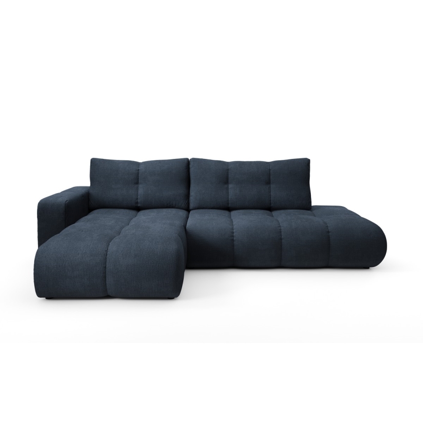 Canapé d'angle convertible en L ALMADA, rembourré et confortable, version gauche, avec coffre de rangement, bleu