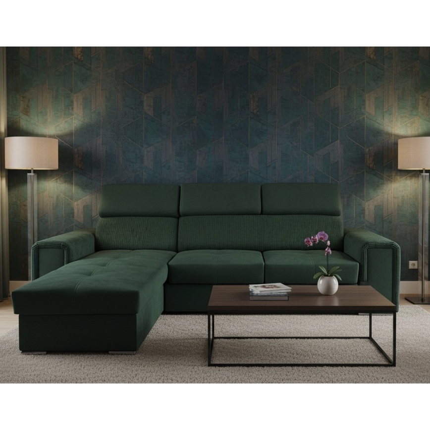 Canapé d'angle convertible réversible en L avec coffre de rangement SALVADA vert