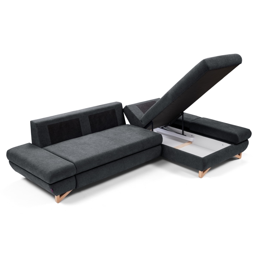 Canapé d'angle convertible rembourré en L AVESTA avec coffre de rangement, angle droit, anthracite