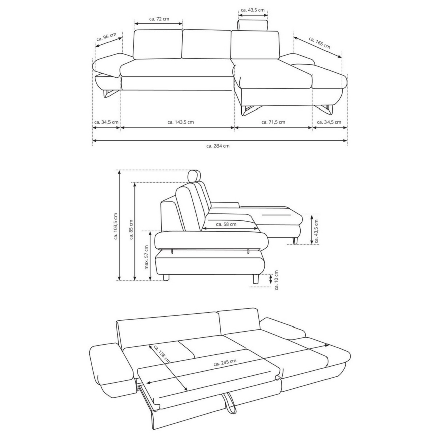 Canapé d'angle convertible rembourré en L AVESTA avec coffre de rangement, angle droit, anthracite