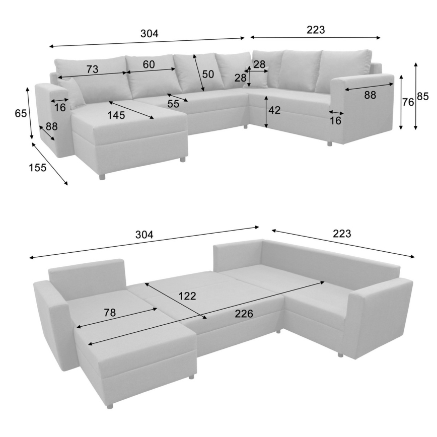 Canapé d'angle convertible universel en U avec coffre de rangement SEYA, gris