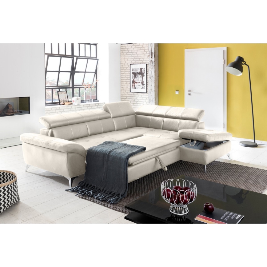 Canapé d'angle en cuir pliable en forme de L SALERNO II droit beige