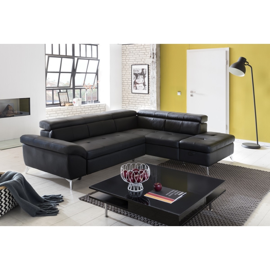 Canapé d'angle en cuir pliable en forme de L SALERNO II droit noir