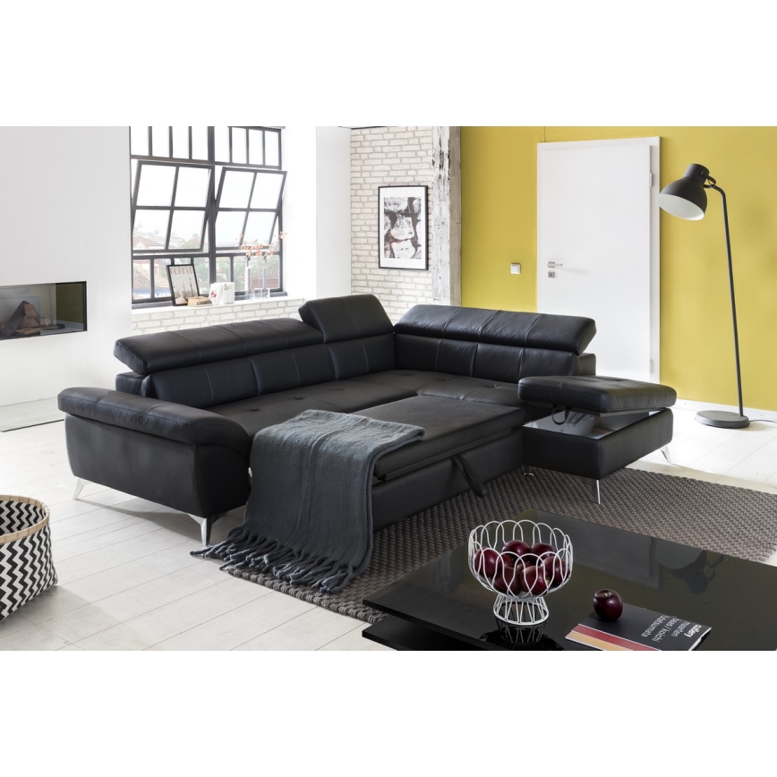 Canapé d'angle en cuir pliable en forme de L SALERNO II droit noir