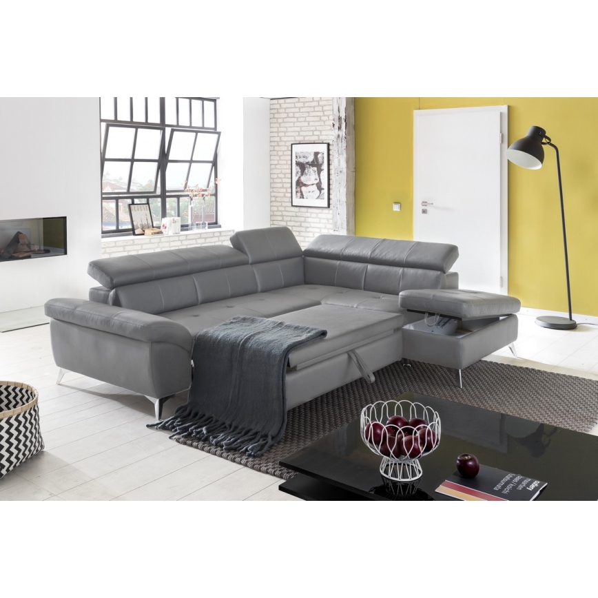 Canapé d'angle en cuir pliable en forme de L SALERNO II gauche gris