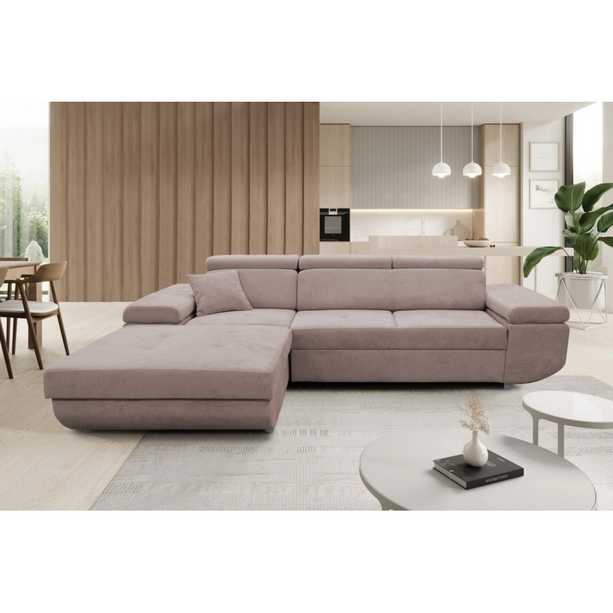 Canapé d'angle pliable en forme de L avec un espace de rangement CASTELO gauche rose
