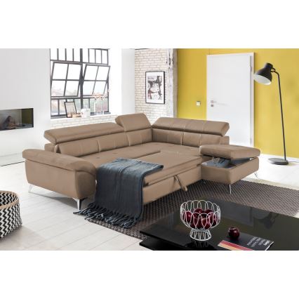 Canapé d'angle pliable en forme de L en cuir SALERNO II marron droit