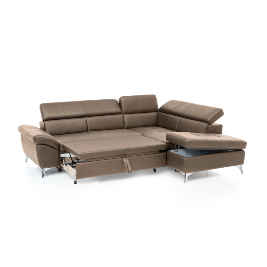 Canapé d'angle pliable en forme de L en cuir SALERNO II marron droit