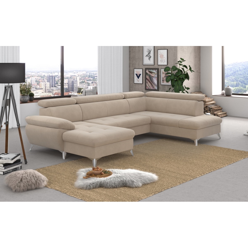 Canapé d'angle pliable en U avec un espace de rangement CATANIA droit beige