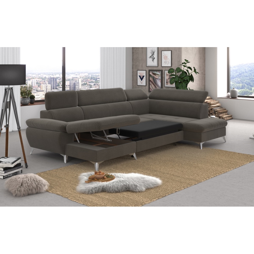 Canapé d'angle pliable en U avec un espace de rangement CATANIA droit marron