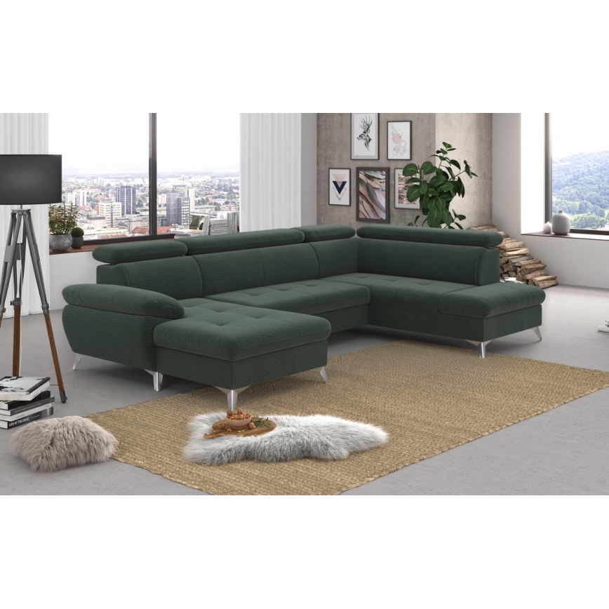 Canapé d'angle pliable en U avec un espace de rangement CATANIA droit vert