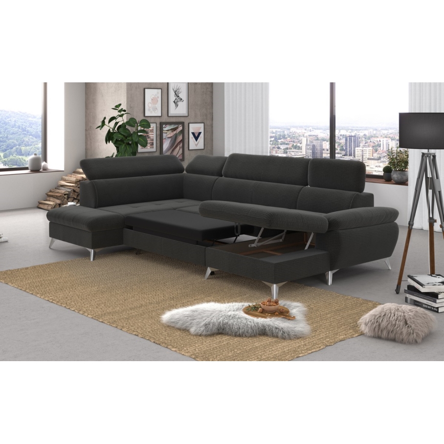 Canapé d'angle pliable en U avec un espace de rangement CATANIA gauche graphite