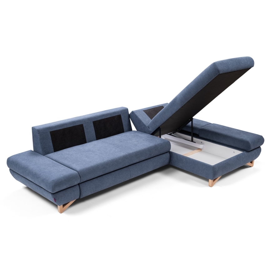 Canapé d'angle pliable rembourré en forme de L avec un espace de rangement AVESTA droit bleu