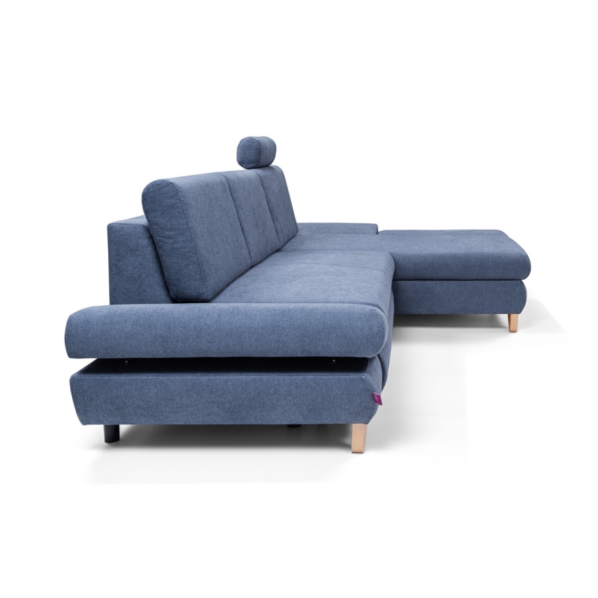 Canapé d'angle pliable rembourré en forme de L avec un espace de rangement AVESTA droit bleu