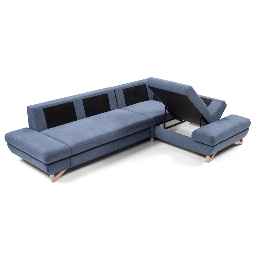 Canapé d'angle pliable rembourré en forme de L avec espace de rangement AVESTA droit bleu