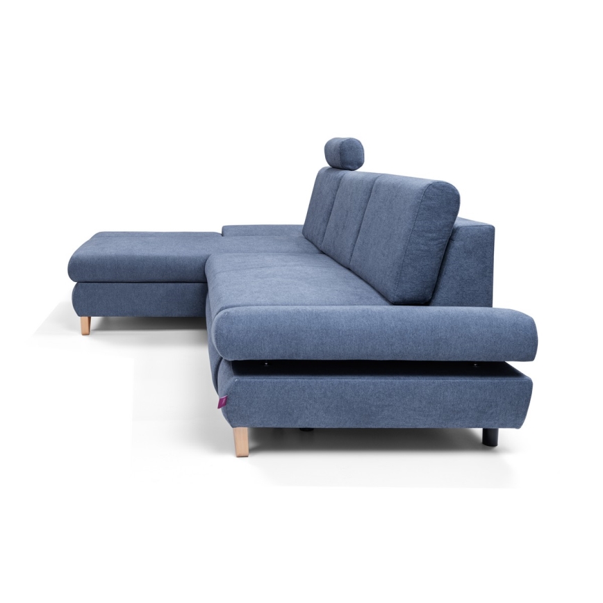Canapé d'angle pliable rembourré en forme de L avec un espace de rangement AVESTA gauche bleu