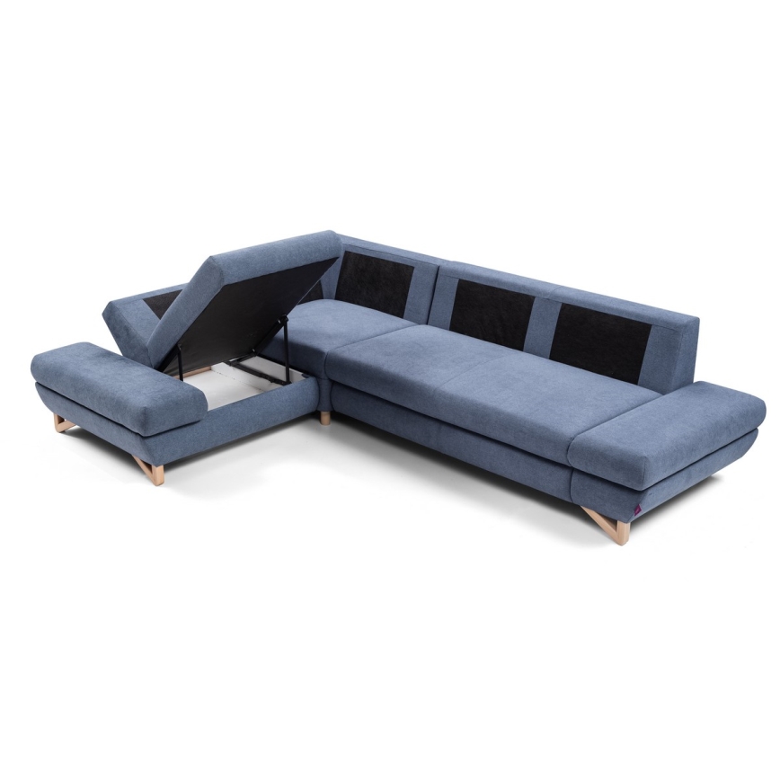 Canapé d'angle pliable rembourré en forme de L avec un espace de rangement AVESTA gauche bleu
