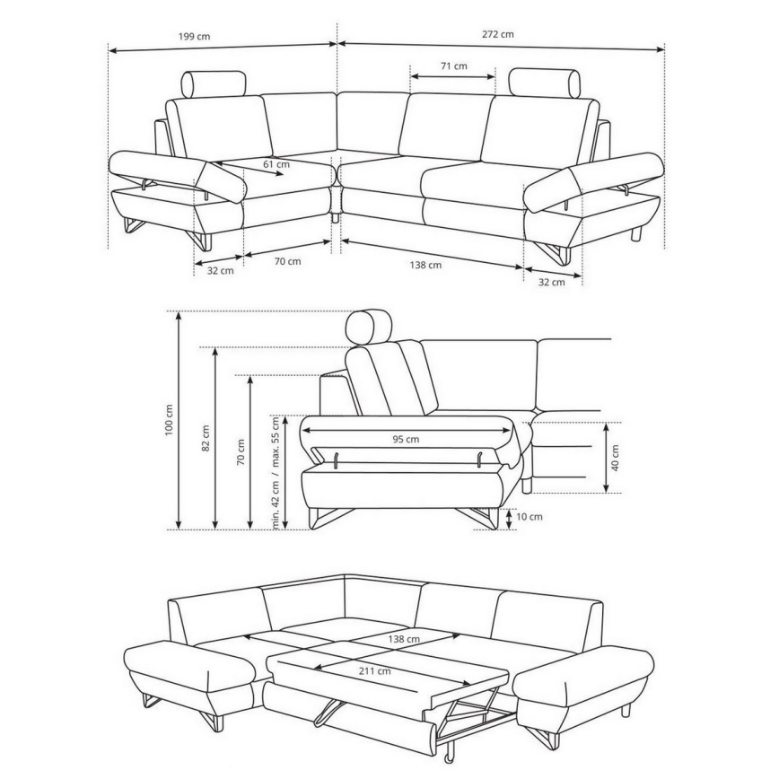 Canapé d'angle pliable rembourré en forme de L avec un espace de rangement AVESTA gauche bleu