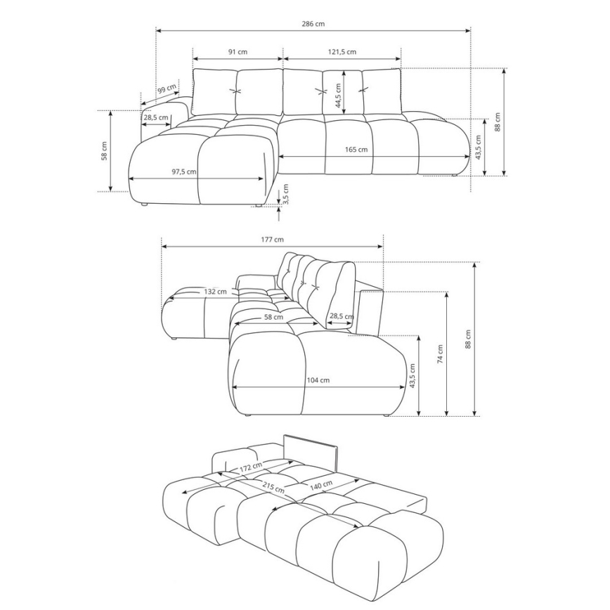 Canapé d'angle pliable rembourré en forme de L avec un espace de rangement ALMADA droit beige clair
